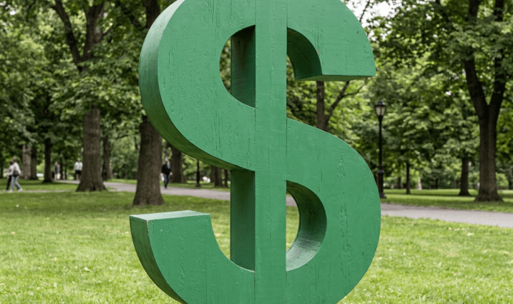 Large green dollar sign sculpture on grass with trees and people in background