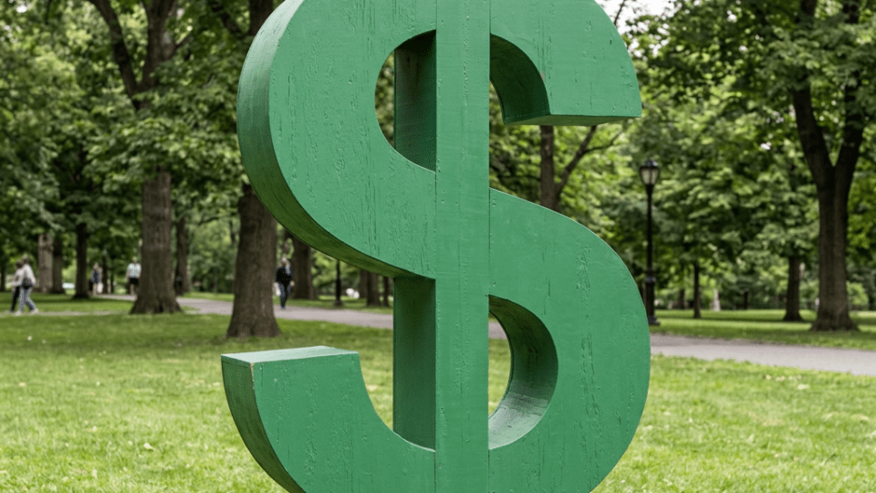 Large green dollar sign sculpture on grass with trees and people in background