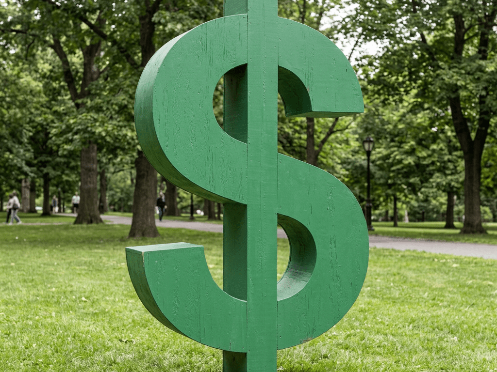 Large green dollar sign sculpture on grass with trees and people in background